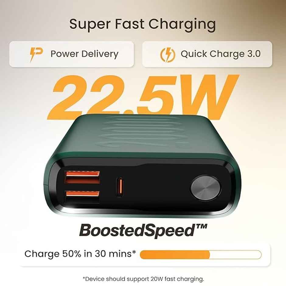 Ambrane 20000 mAh Powerbank, 22.5W Fast Charging, Triple Output (2 Usb & 1 Type C) (Stylo 20, Green)