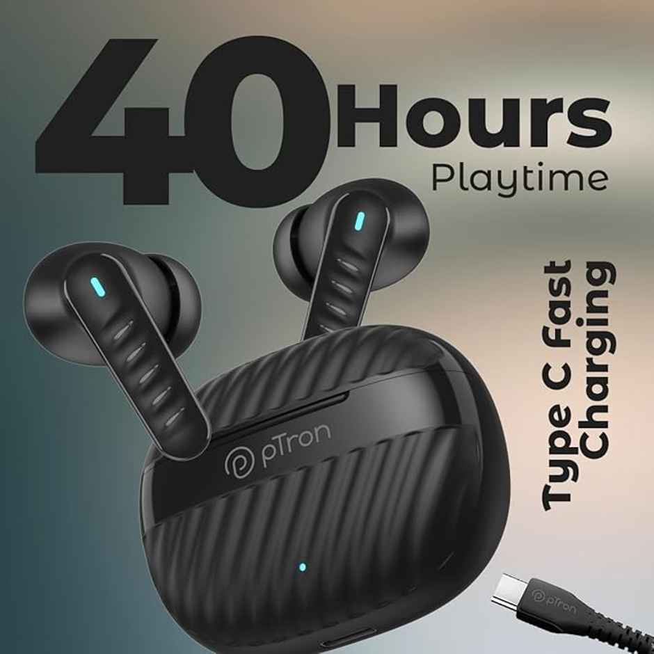 pTron Bassbuds Bliss TWS Earbuds | TruTalk ENC Calls | 40H Playtime | 50ms Game/Music Mode - Black