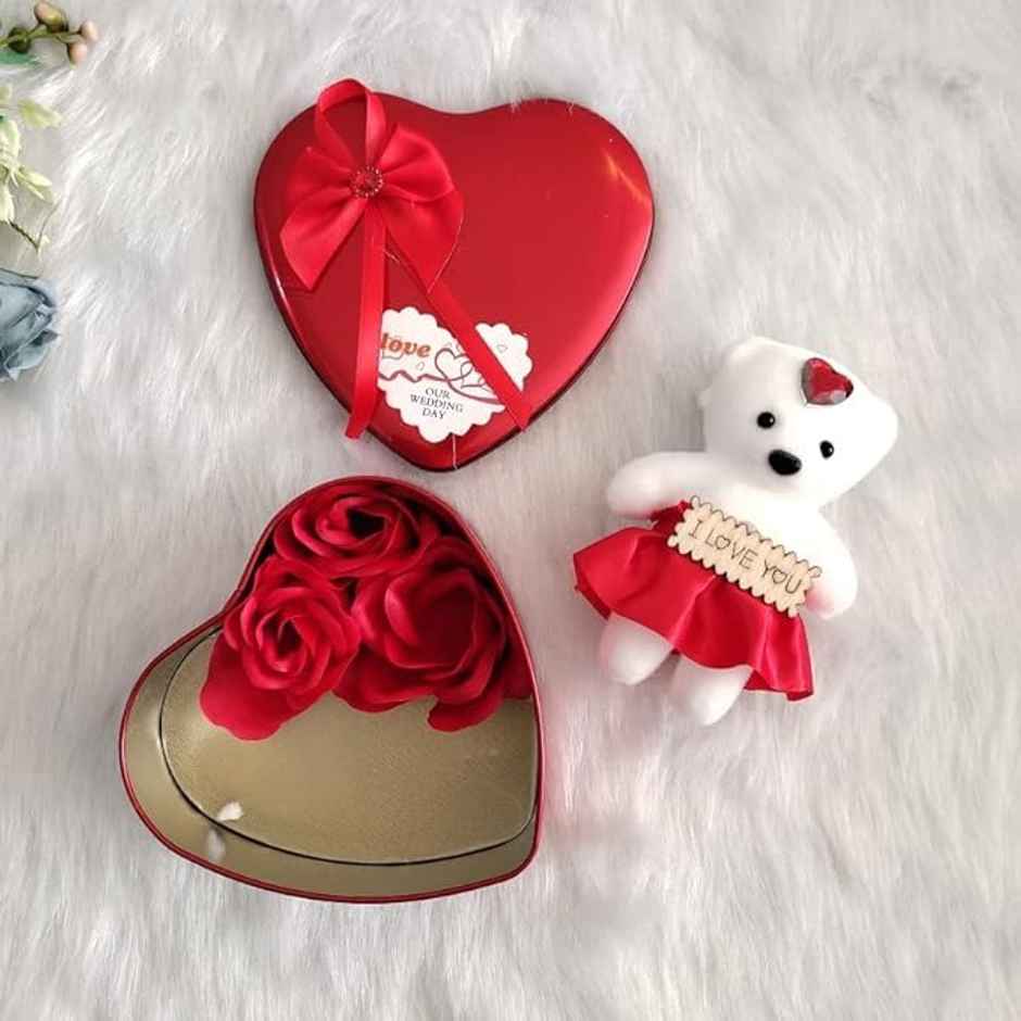 Red Rose Heart Box with Teddy and Love Stand Combo | Perpetual Mart