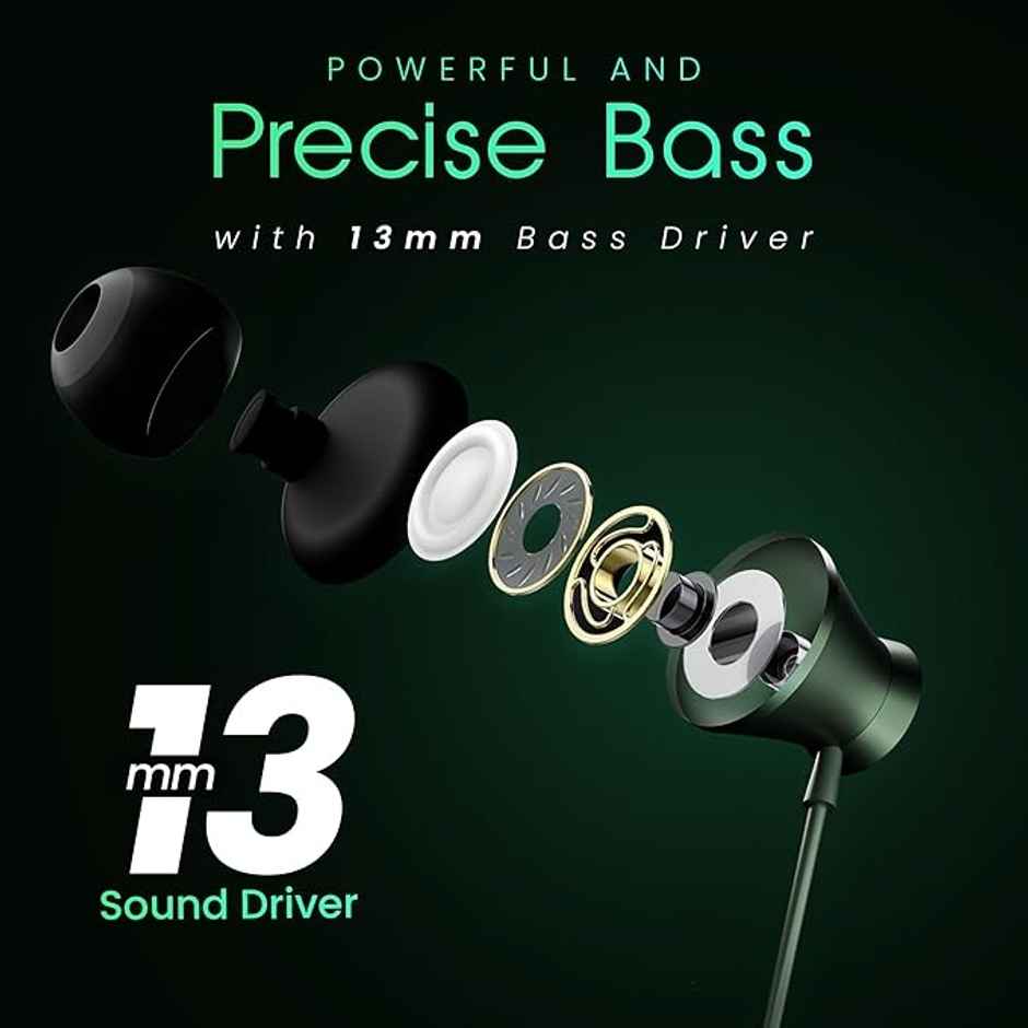 Hammer Nova In Ear C Type Earphones Wired With Mic|13Mm Driver In-Line Control|Metallic Built Green