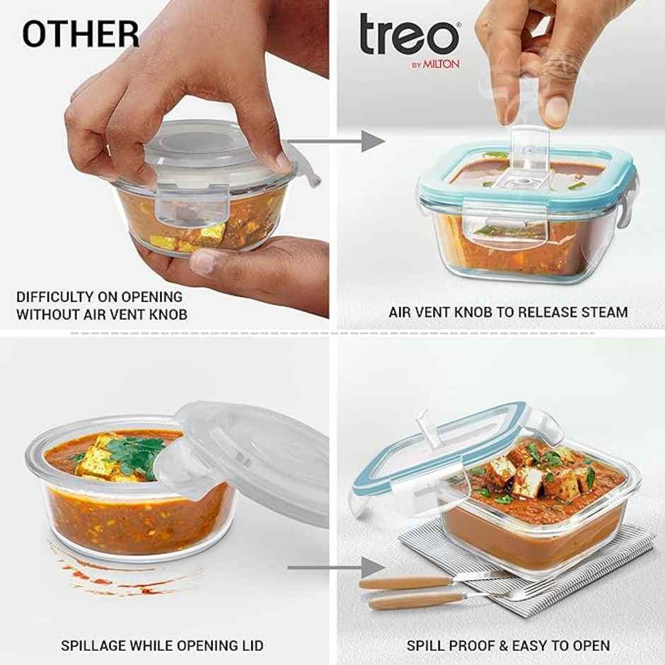 Treo By Milton All Fresh Square Glass Tiffin Containers With Bag, 3 Containers, 320 ml Each, Grey