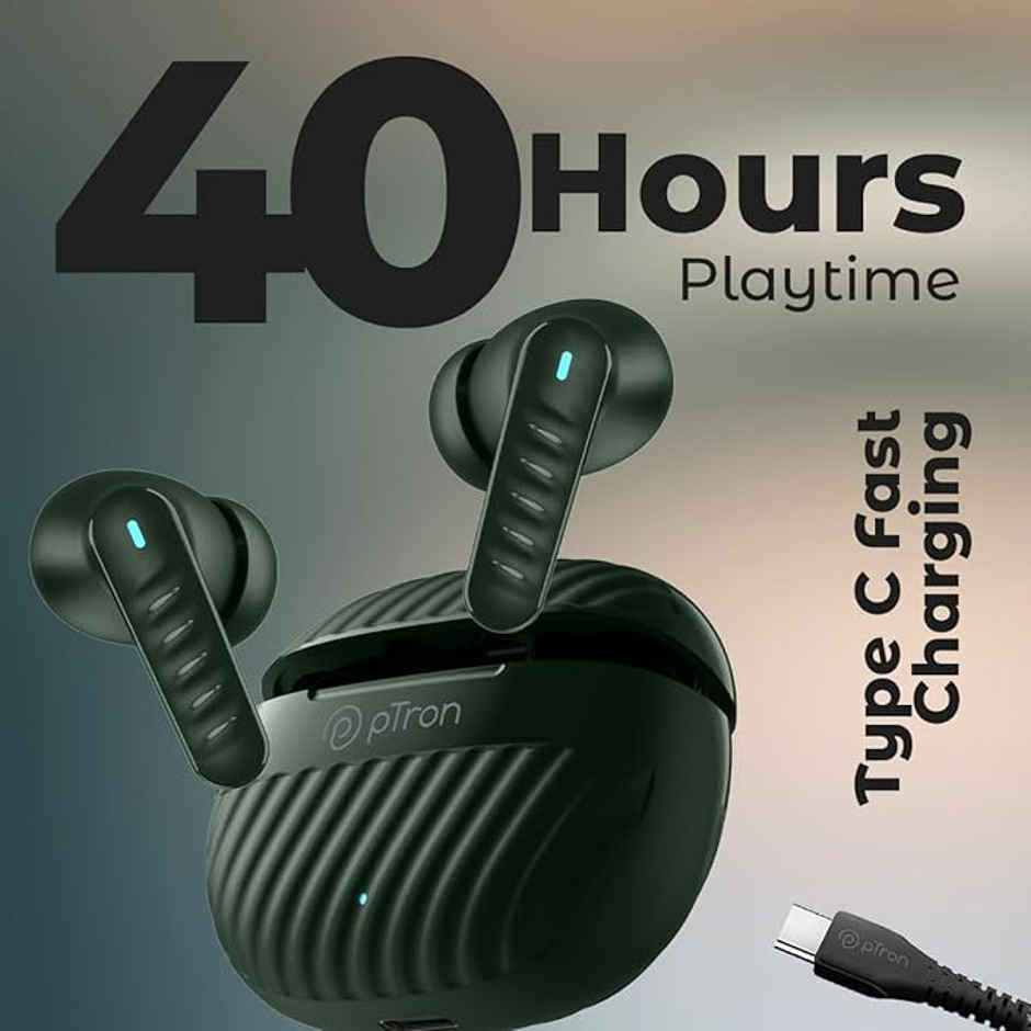 pTron Bassbuds Bliss TWS Earbuds | TruTalk ENC Calls | 40 Hrs Playtime | 50ms Game/Music Mode - Green