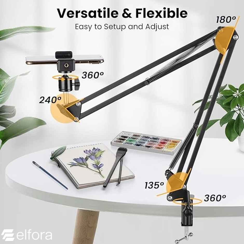 Elfora Adjustable Overhead Mobile Phone Holder with Long Arm for Video Recording | Black
