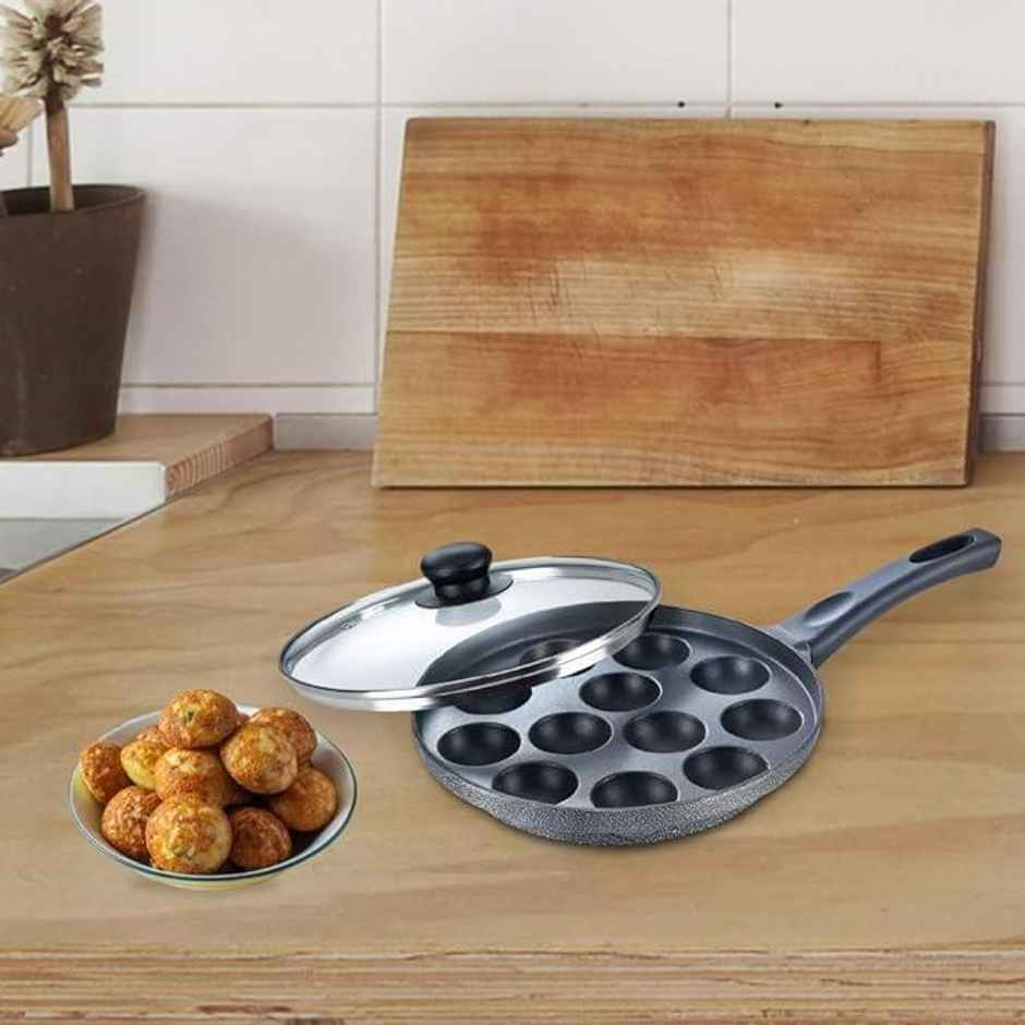 Prestige Omega Select+ 12Pits Aluminium Non-Stick Paniyarakkal With Glass Lid 24cm,1Y Warranty,Black