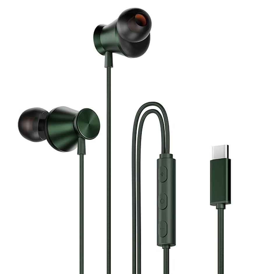 Hammer Nova In Ear C Type Earphones Wired With Mic|13Mm Driver In-Line Control|Metallic Built Green
