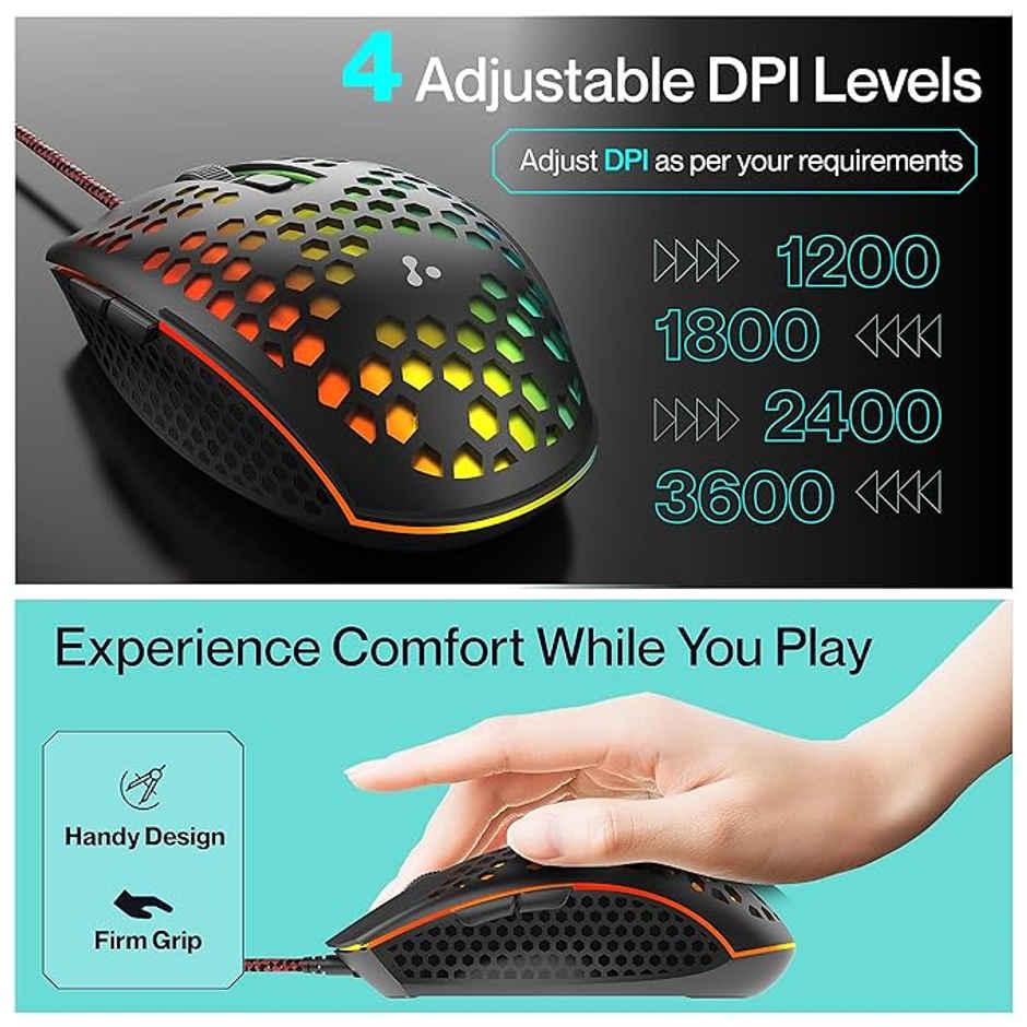 Ambrane Honeycomb Design Wired Gaming Mouse with 6 Programmable Buttons, 4-Speed Customizable 3600 DPI, Comfortable Grip, 7 Colors Breathing LED Light, 1.5m Long Cable, Lightweight - TroneX, Black
