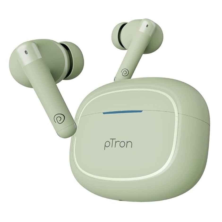 pTron Bassbuds Duo Pro TWS Earbuds | TruTalk AI-ENC Calls | 38H Playback Time | Movie/Music Modes - Light Green