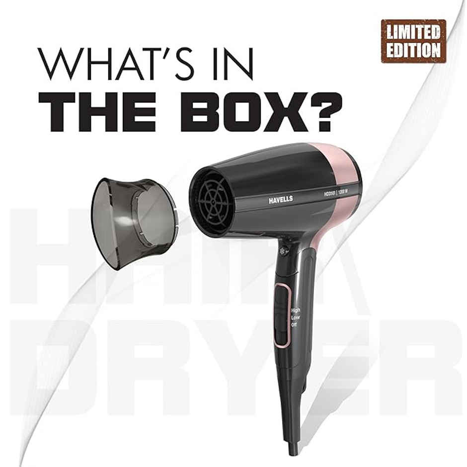 Havells 1200W Foldable Hair Dryer; 3 Heat Settings With Cool Shot (Hot/Cool/Warm), Cool Black