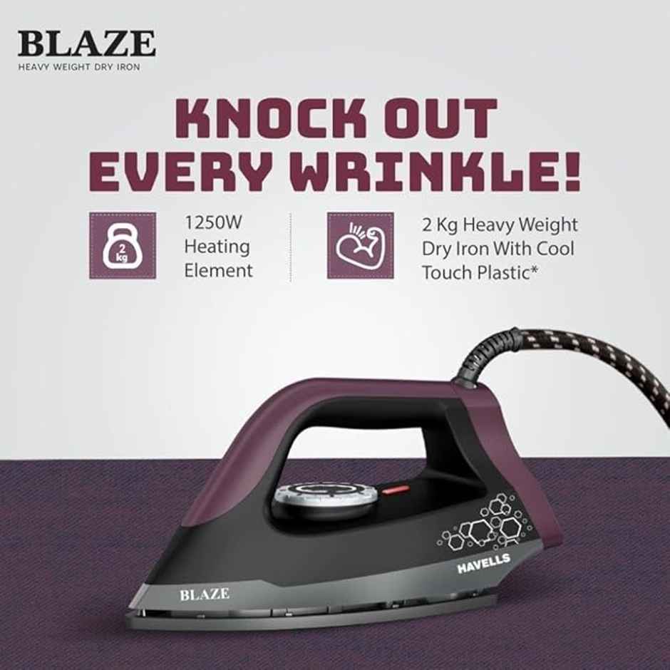 Havells Blaze Dry Iron 2 KG Heavy Weight Dry Iron, 1250W, American Heritage Non-stick Coated Sole Plate For Smooth Gliding & Long Life| Aerodynamic Design - Black