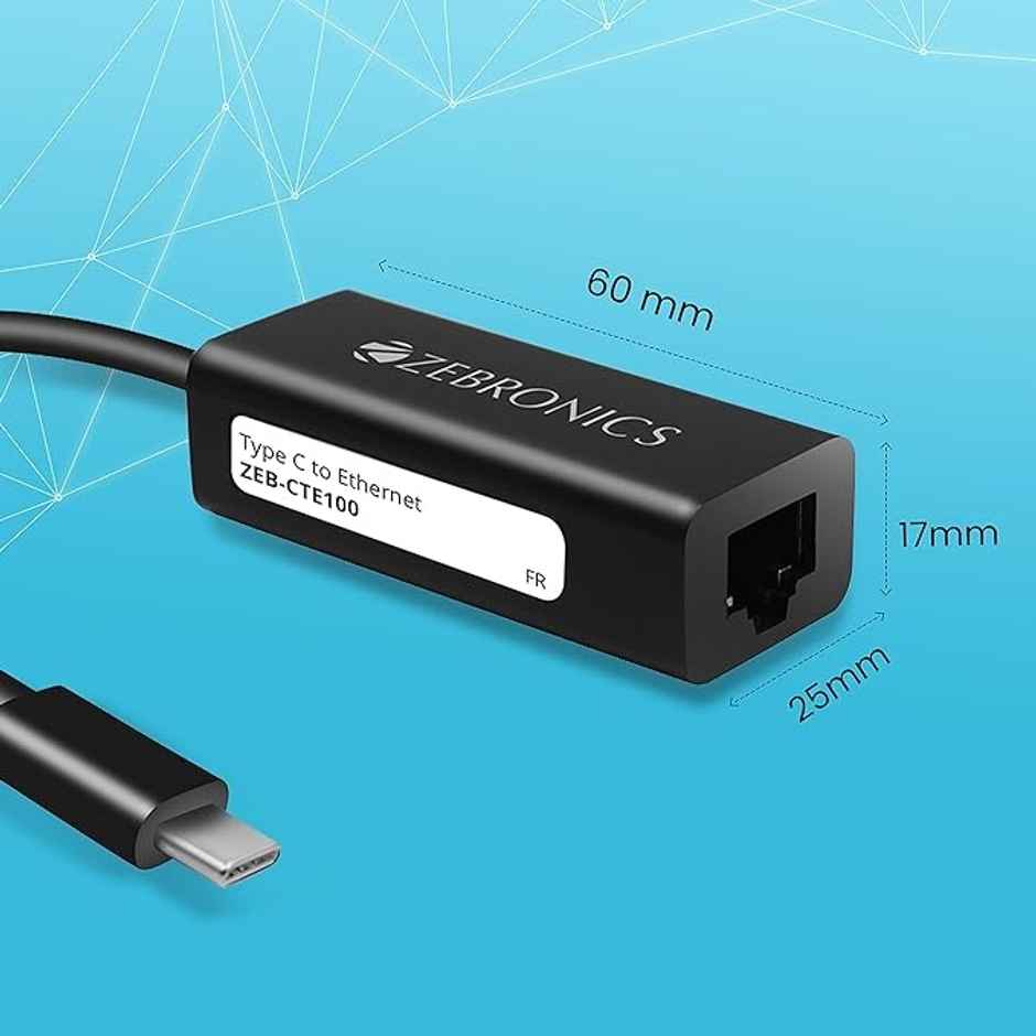 Zebronics Zeb-Cte100 Type C To Rj45 Ethernet Lan Adapter, Up To 1000 Mbps, For Windows/Mac/Linux