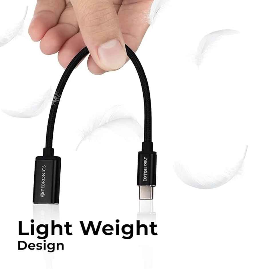 Zebronics OTG1 Type C to OTG Connector with Male Type-C 3.1 Gen 1, Female USB 3.0 5Gbps, 15cm Braided Cable, Metal Body, Sleek Design, for Smartphones, Tablets & Laptops - Black