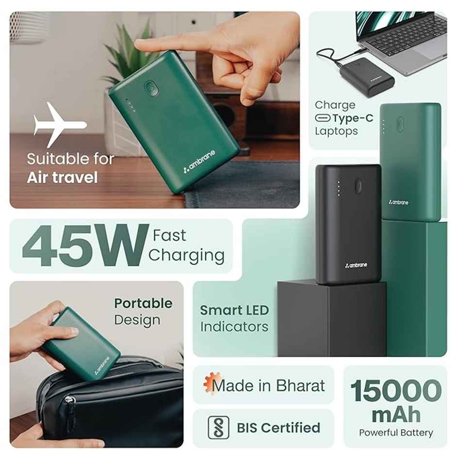 Ambrane 45W Fast Charging Powerbank For Macbook & Type C Laptops, 15000 mAh (Powerlit 45, Green)