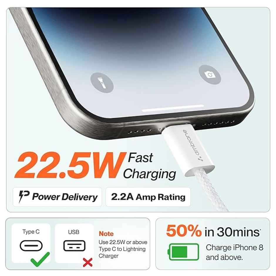 Ambrane Type-C To Lightning Cable, 22.5W Fast Charging Cable (Abtl-Q12, White)