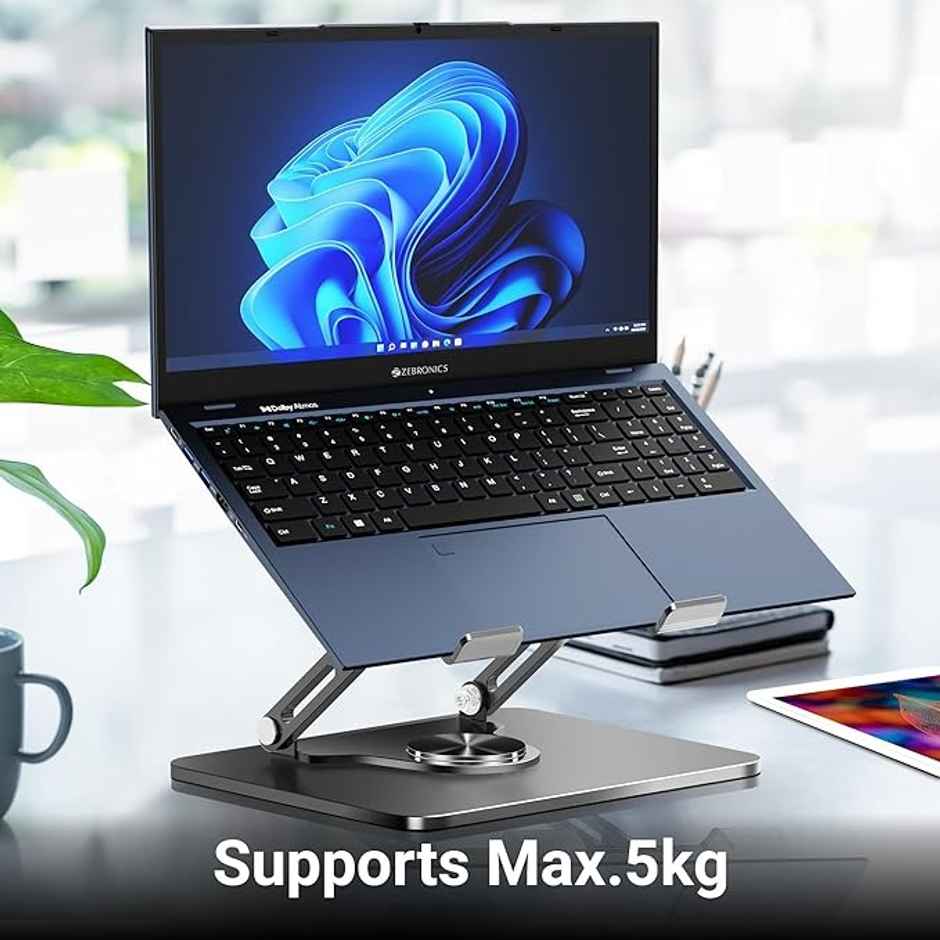 Zebronics NS3000 PRO 360Degree Rotatable Laptop Stand, Supports up to 17"(43cm) Laptops, Tablets, Supports Max 5kg, Carbon Steel with Anti Rust Body, Anti-Slip/Scratch Silicone Pads - Dark Grey