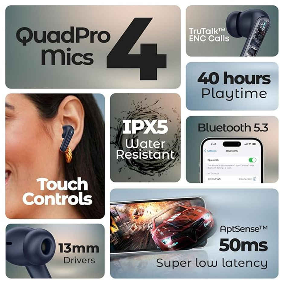 pTron Bassbuds Bliss TWS Earbuds | TruTalk ENC Calls | 40H Playtime | 50ms Game/Music Mode - Blue