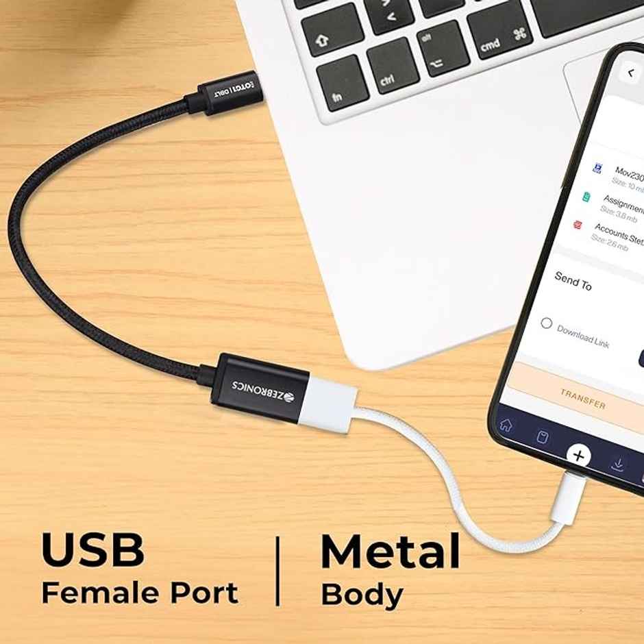 Zebronics OTG1 Type C to OTG Connector with Male Type-C 3.1 Gen 1, Female USB 3.0 5Gbps, 15cm Braided Cable, Metal Body, Sleek Design, for Smartphones, Tablets & Laptops - Black