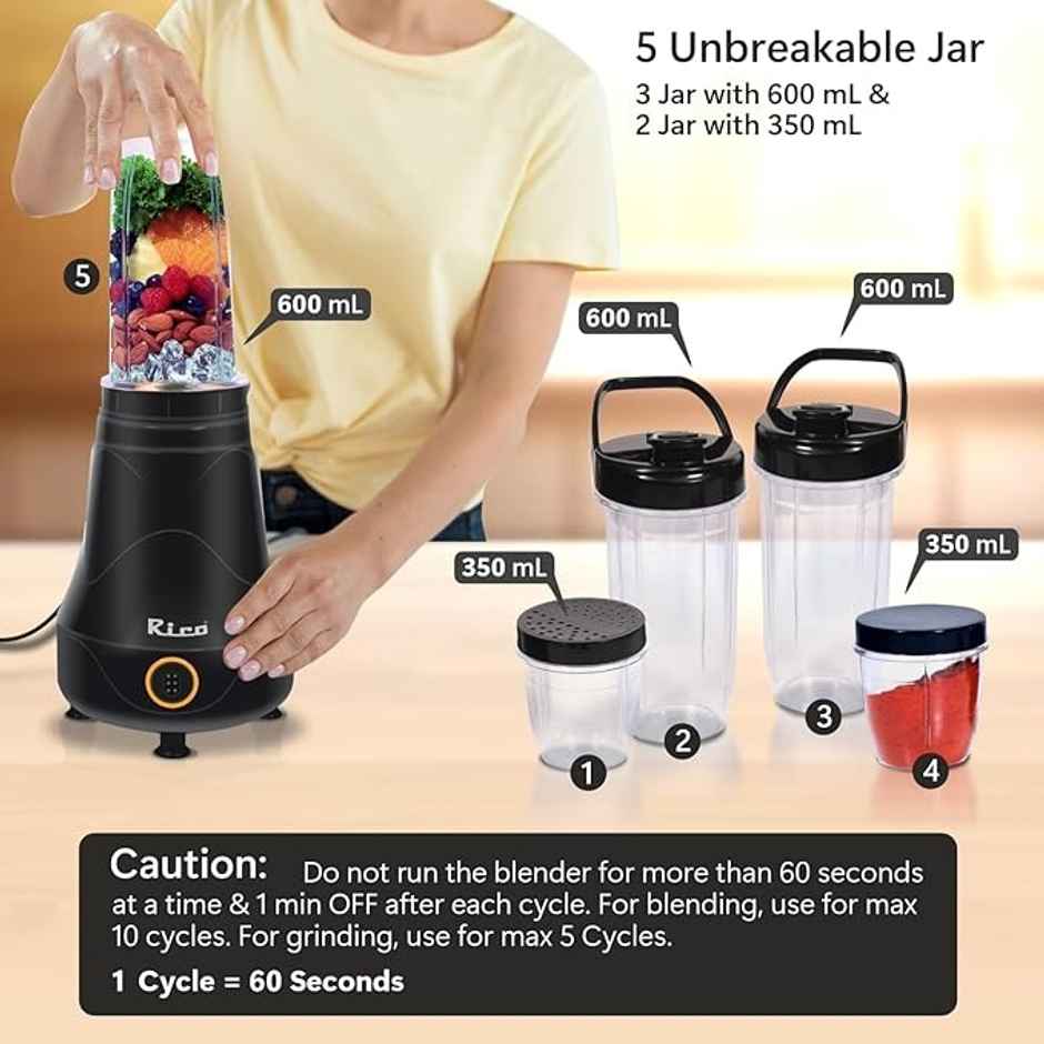 Rico 400 W Blender made with Japanese Technology for Smoothie & Juices| 5 Unbreakable Jar | 3 Blade