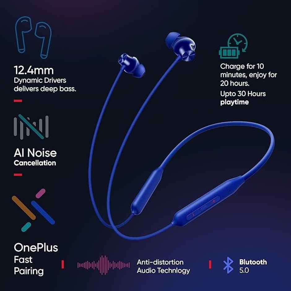Oneplus Bullets Wireless Z2 with Mic, Bombastic Bass, 12.4 mm Drivers, 10 Mins Charge, 20 Hrs Music, 30 Hrs Battery Life, IP55 Dust & Water Resistant (Beam Blue)