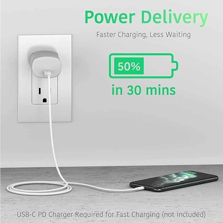 Sounce 6ft Type-C to Lightning 20W Cable | 3A Fast Charging & 480 Mbps Data Sync for iPhone & iPad, White