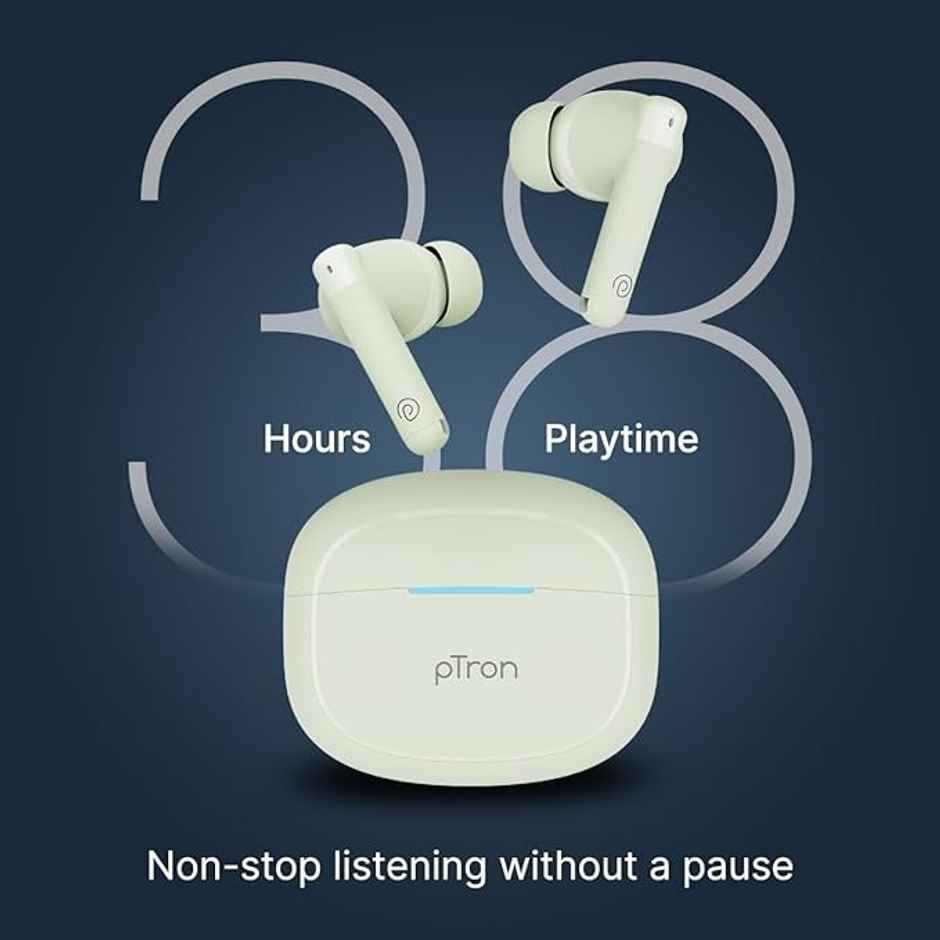 pTron Bassbuds Duo Pro TWS Earbuds | TruTalk AI-ENC Calls | 38H Playback Time | Movie/Music Modes - Light Green