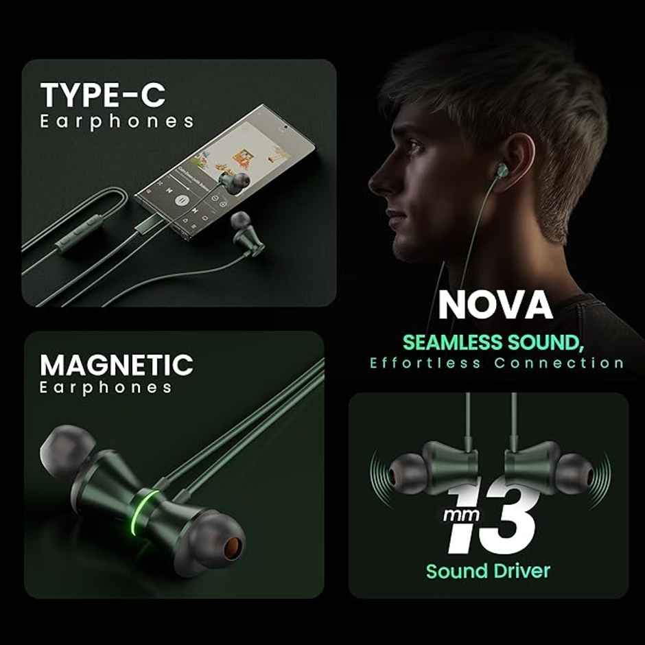 Hammer Nova In Ear C Type Earphones Wired With Mic|13Mm Driver In-Line Control|Metallic Built Green