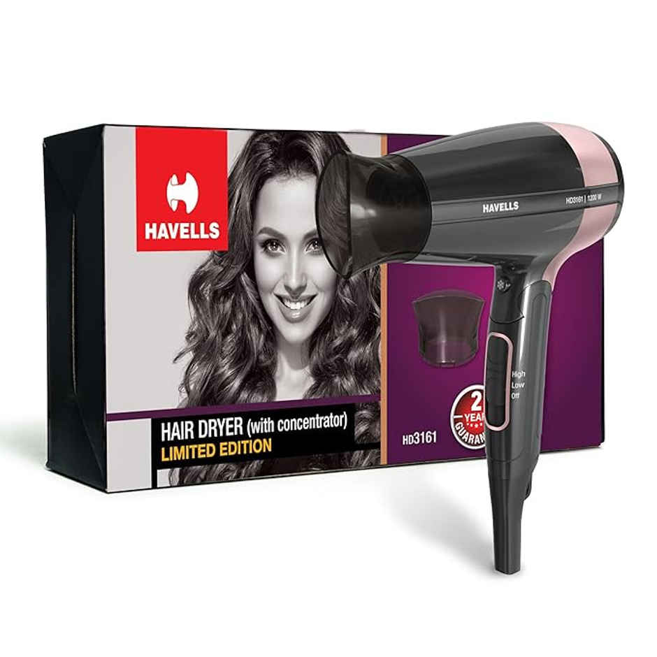 Havells 1200W Foldable Hair Dryer; 3 Heat Settings With Cool Shot (Hot/Cool/Warm), Cool Black
