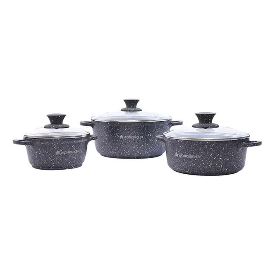 Wonderchef Granite Die-Cast Non-Stick Casserole Set, 6Pc (24Cm, 20Cm, 16Cm)
