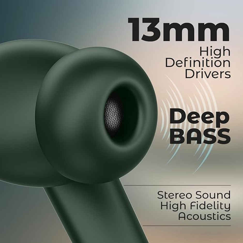 pTron Bassbuds Bliss TWS Earbuds | TruTalk ENC Calls | 40 Hrs Playtime | 50ms Game/Music Mode - Green