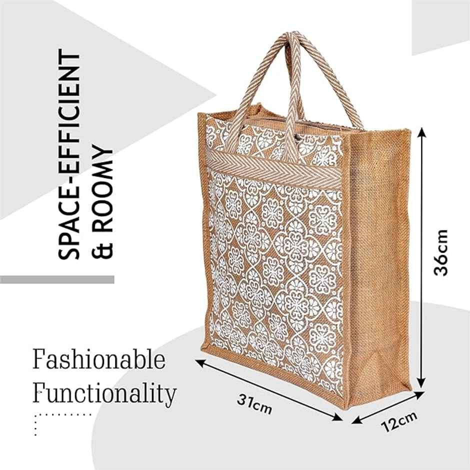 Kuber Industries Jute White Flower Grocery Bag with Handle|Medium|Brown