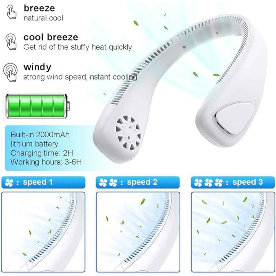 Basics IND Portable Neck Fan Rechargeable USB 4000mAh Battery Operated with 3 Speeds Hand-Free Neck Fan - White
