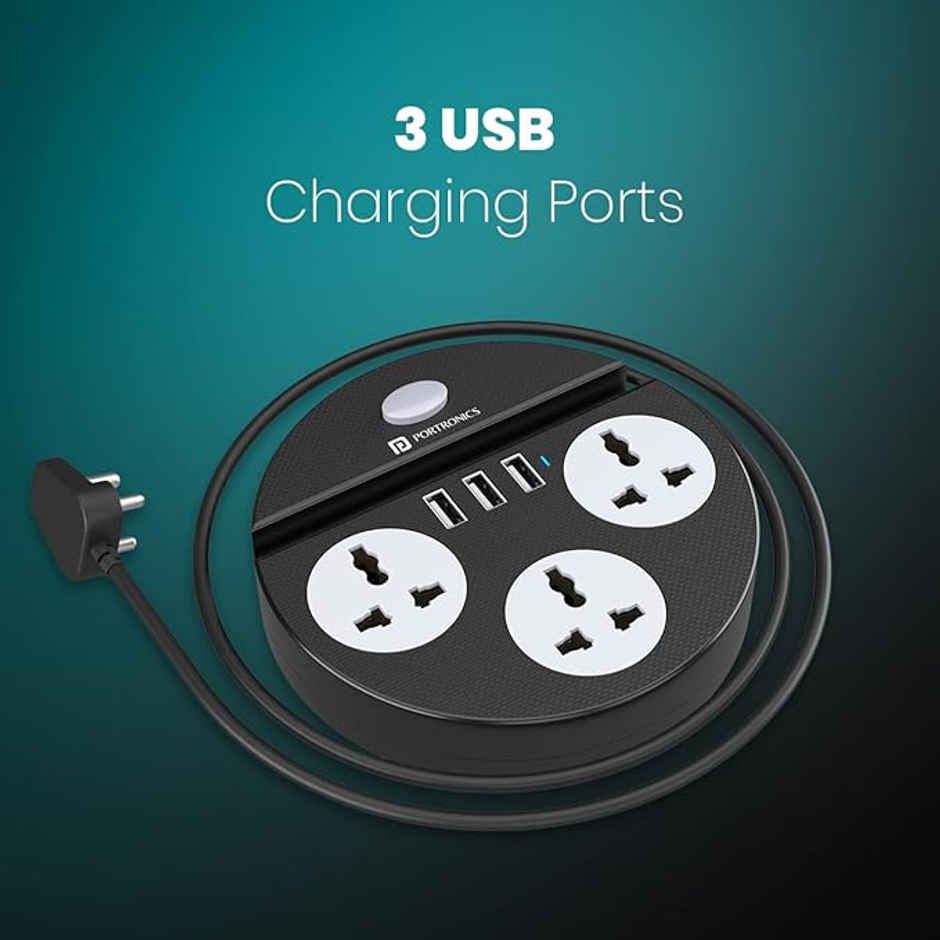 Portronics Power Plate 5, 1500W Power Converter with USB Charger & Mobile Holder 3AC Socket + 3USB Ports, 1.5 m Cord Length - Black