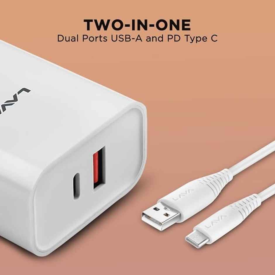 Lava 20W Type C Fast Wall Charger with PD Technology | Type C to C Data Cable Inside | White