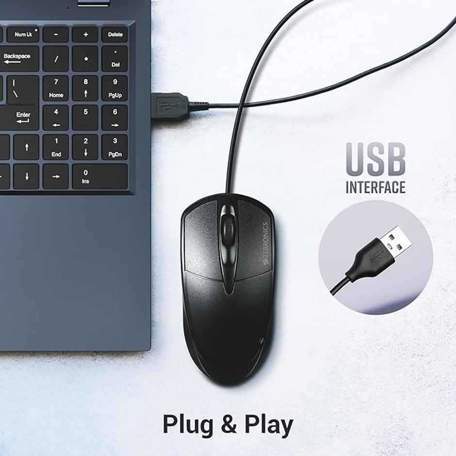 Zebronics Byte Wired Optical Mouse With 3 Buttons, High Precision, 1000 Dpi, Works On Most Surfaces - Black
