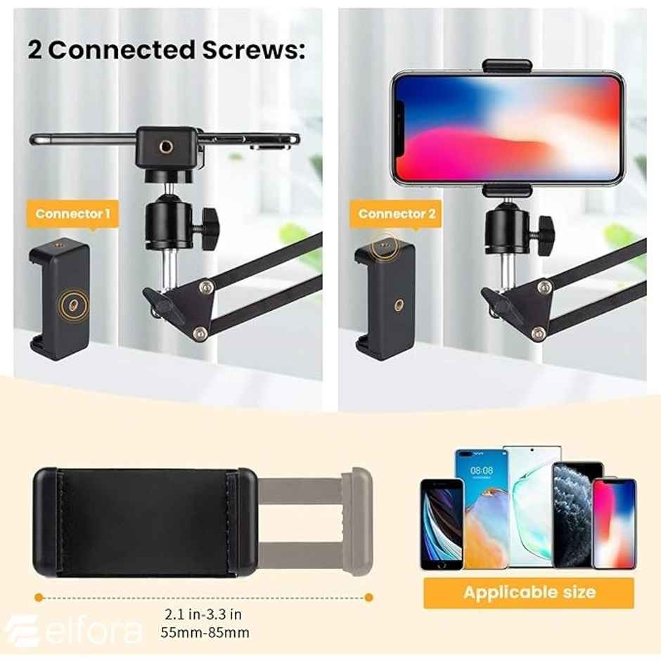 Elfora Adjustable Overhead Mobile Phone Holder with Long Arm for Video Recording | Black