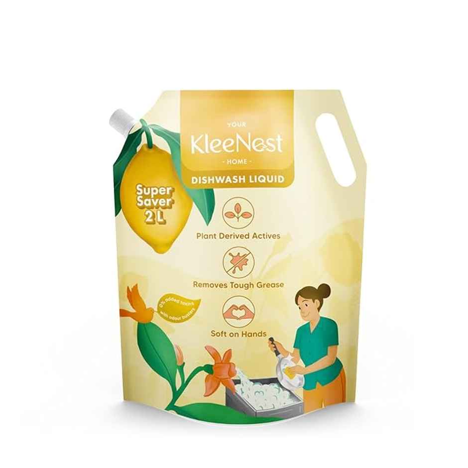 Kleenest Dishwashing Liquid Plant Based, Soft On Hands Refill Pouc (2l) & Kleenest Natural Floor Cleaner Tropical Breeze, Plant Based Kids & Pet Friendly (1.5l) Combo