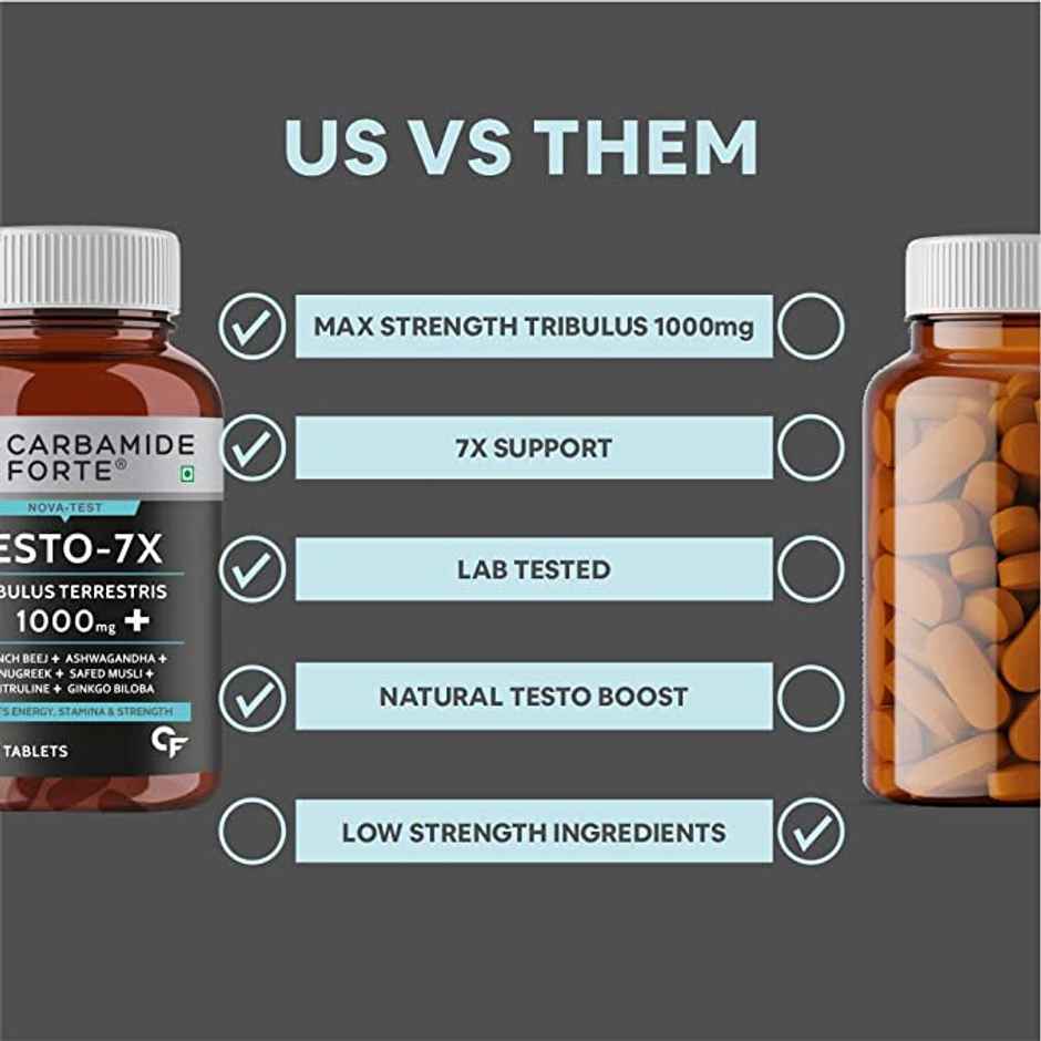 Carbamide Forte Testosterone Supplement for Men with Tribulus 1000mg, Ashwagandha, L-Citrulline & Kaunch Beej – 60 Veg Tablets