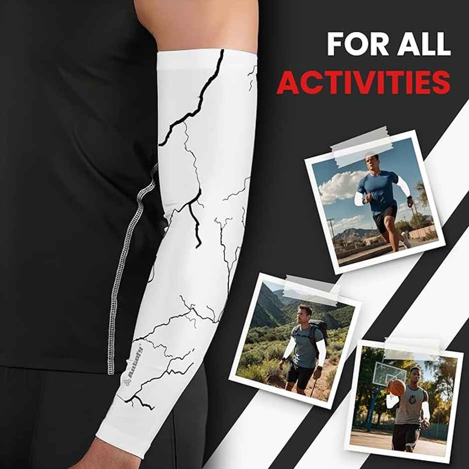Autofy Active Fit 240 GSM Unisex Arm Sleeves | UV Protection Compression & Cooling Effect | White