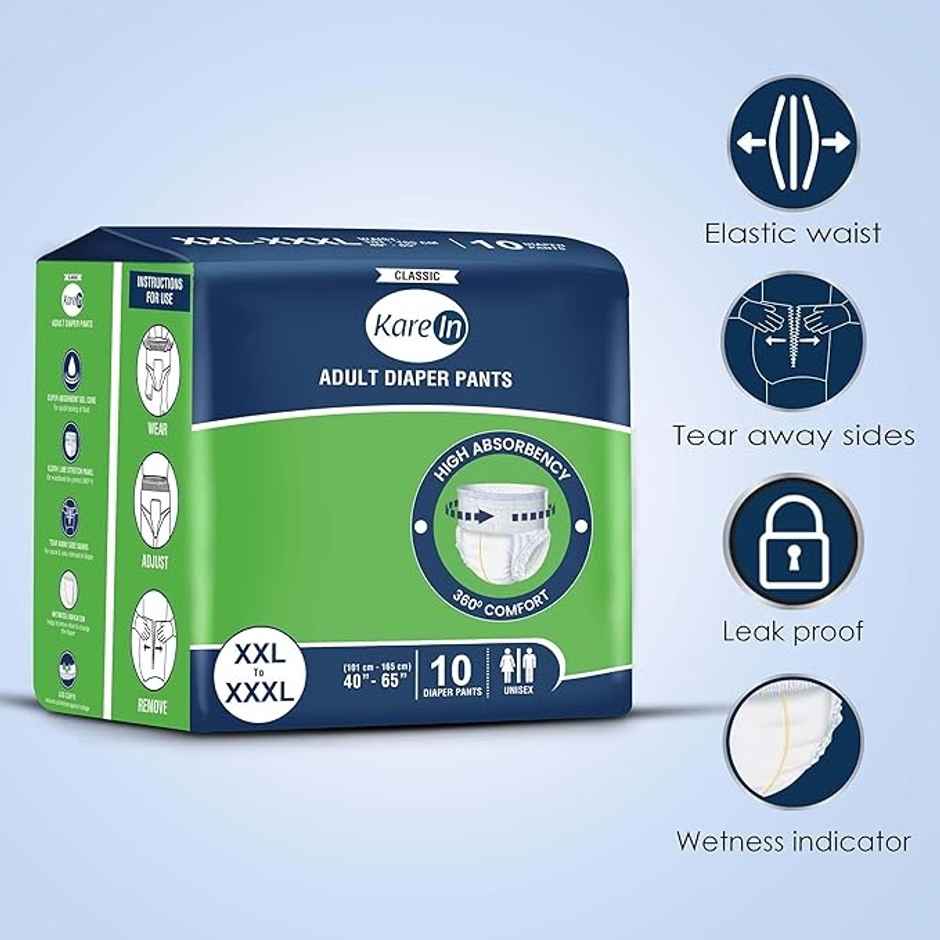 KareIn Classic Adult Diaper Pants XXL-XXXL | 40-65 Inch Waist | 10 Count | Leakproof