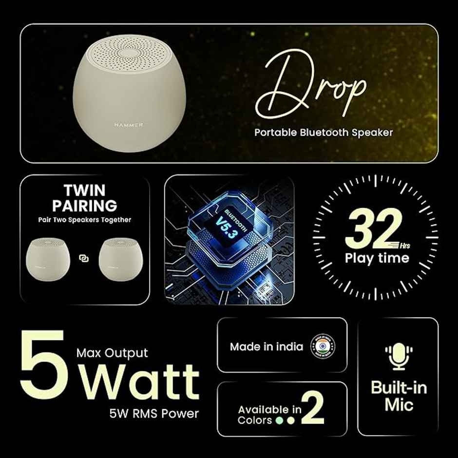 Hammer 5W Drop Bluetooth Indoor Speaker With Twin Pairing| 100hrs Standby Time| 1200 Mah Beige