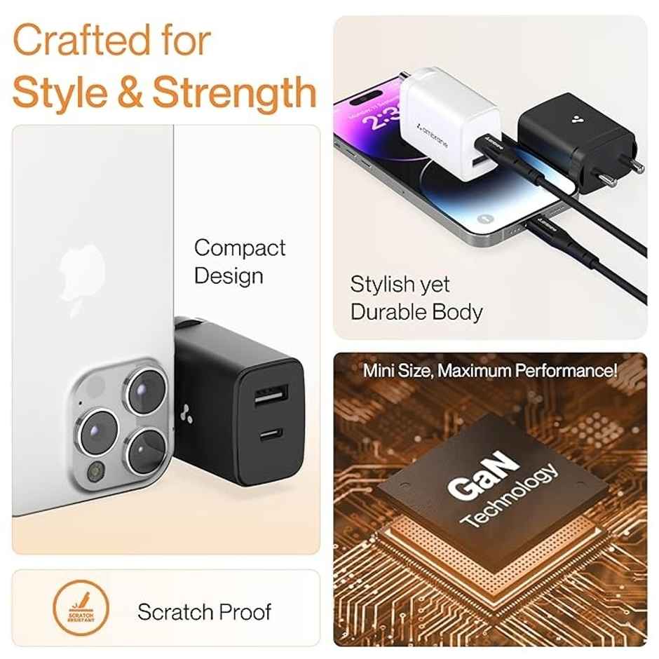 Ambrane 30W Dual Port Gan Charger, Usb & Type C Port With Qc & Pd Technology (Charge 30, White)