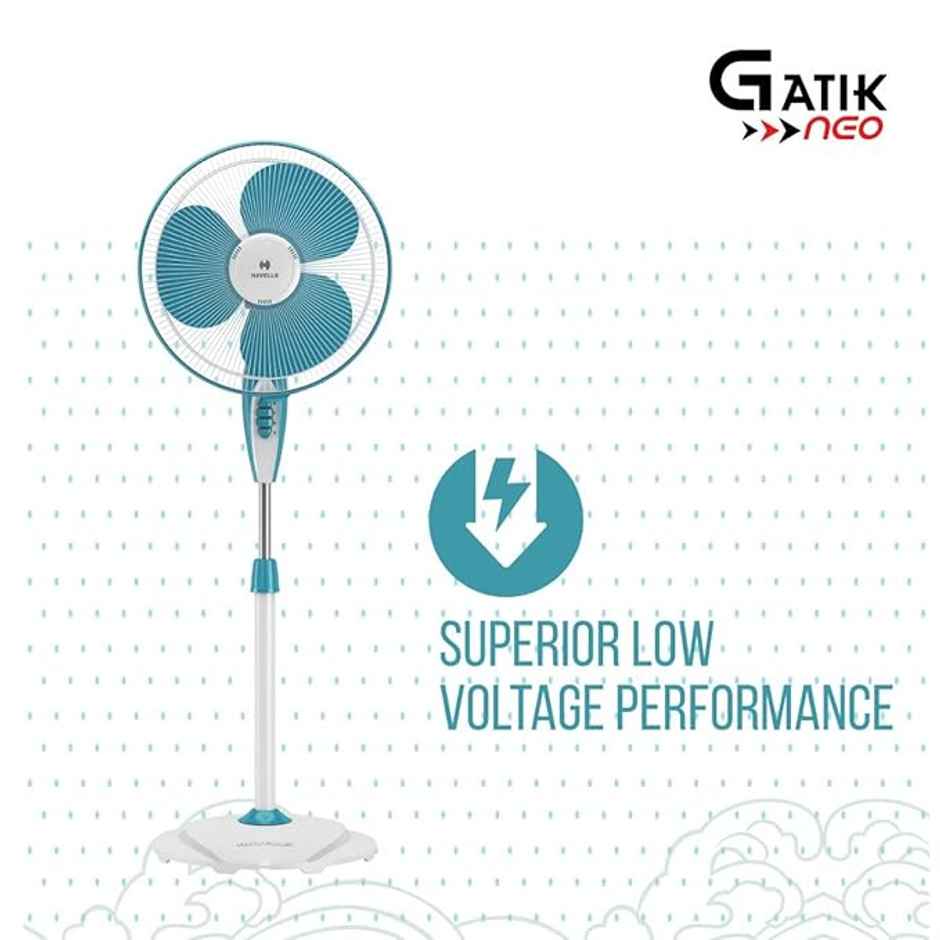 Havells Gatik Neo Oscillating Pedestal Fan,400mm, auto OFF, 4 speed control, White Blue