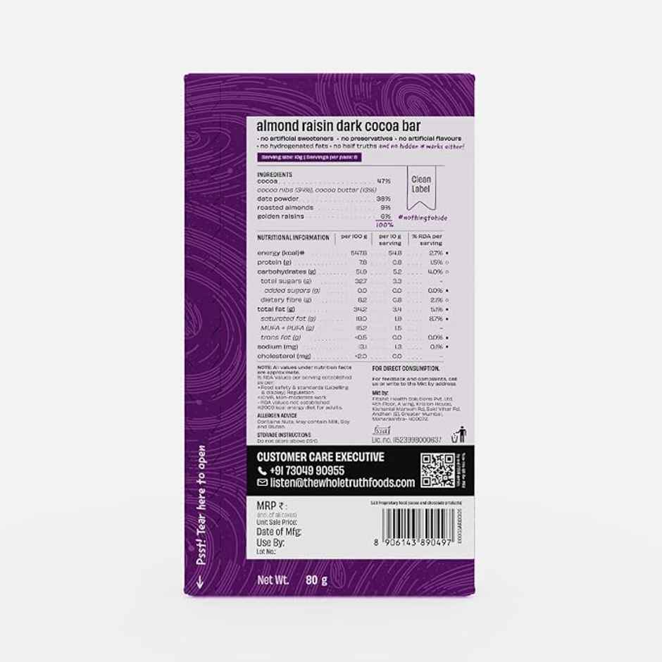 The Whole Truth Dark Cocoa Bar - Almond Raisin | 80 G | Sweetened With Dates