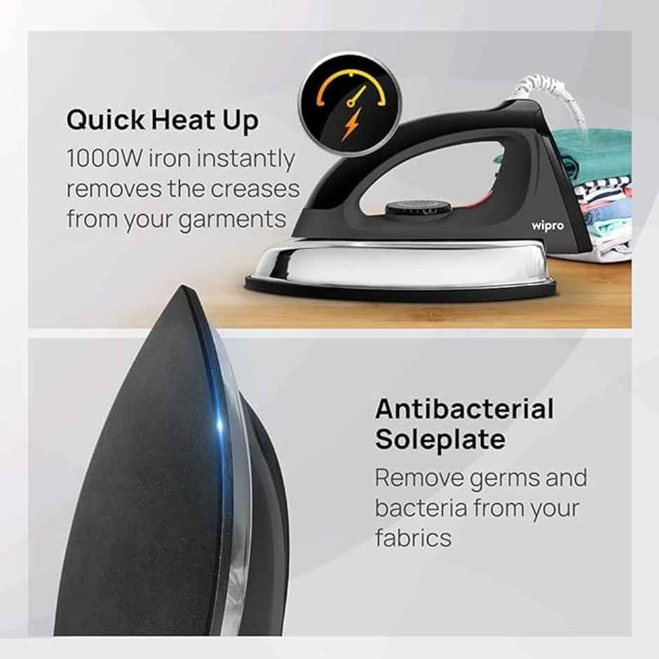 Wipro Elato Gd204 1200 Watt Heavyweight Dry Iron, Quick Heat Up, ,Black