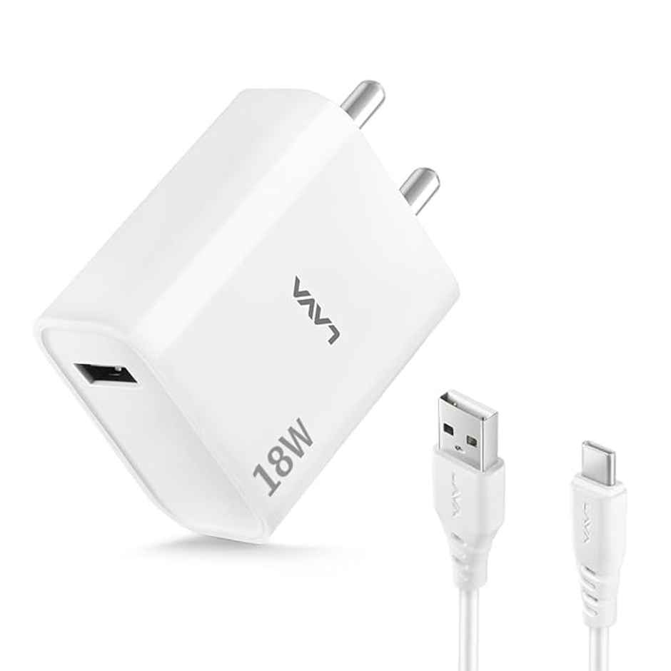 Lava 18W Fast USB Charger | with 3A USB to Type C 1M Cable | CH18 | White