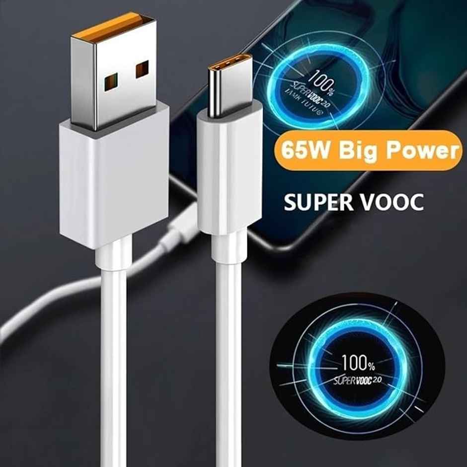 Sounce Realme 65W Super Vooc Charge, Data Sync Fast Charging Type - C Cable (White)-2 Meter