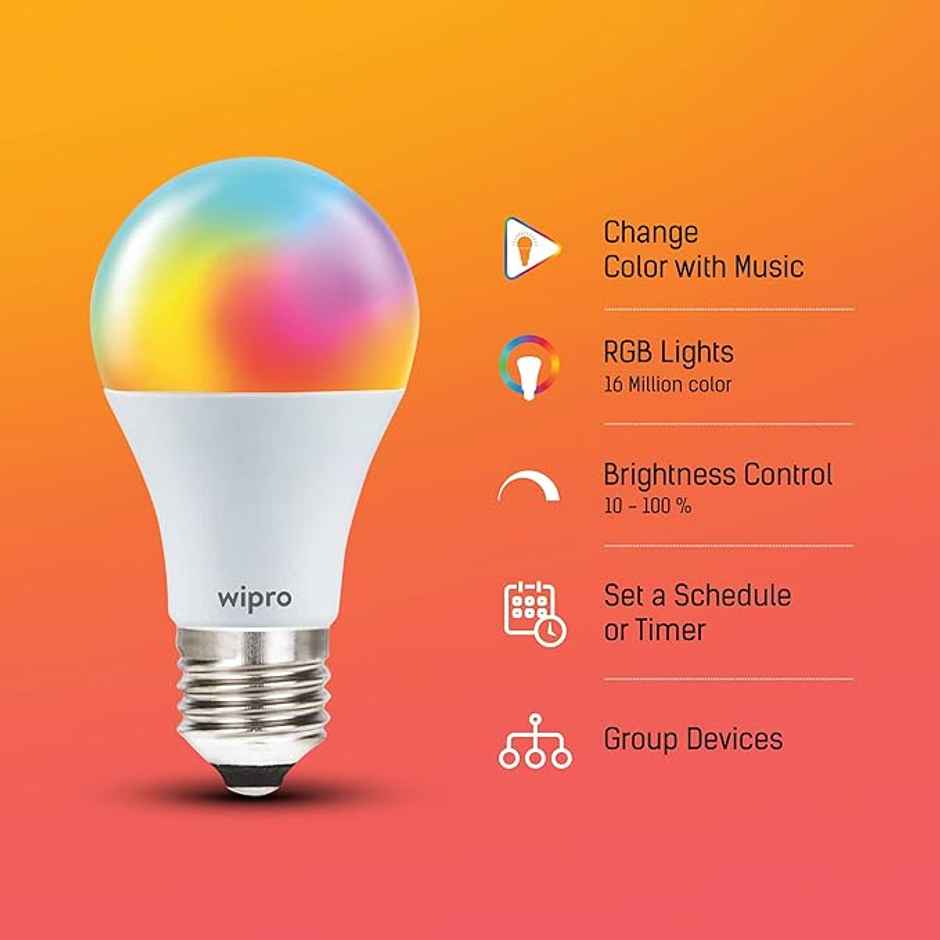 Wipro 9W E27 WiFi Smart LED Bulb, Compatible with Amazon Alexa & Google Assistant, Holder Type-Spiral