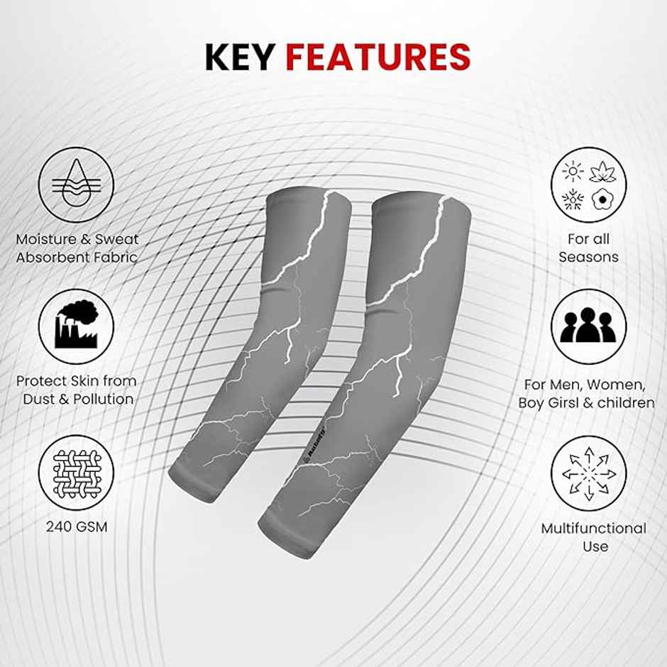 Autofy Active Fit 240 GSM Unisex Arm Sleeves | UV Protection Compression & Cooling Effect | Grey