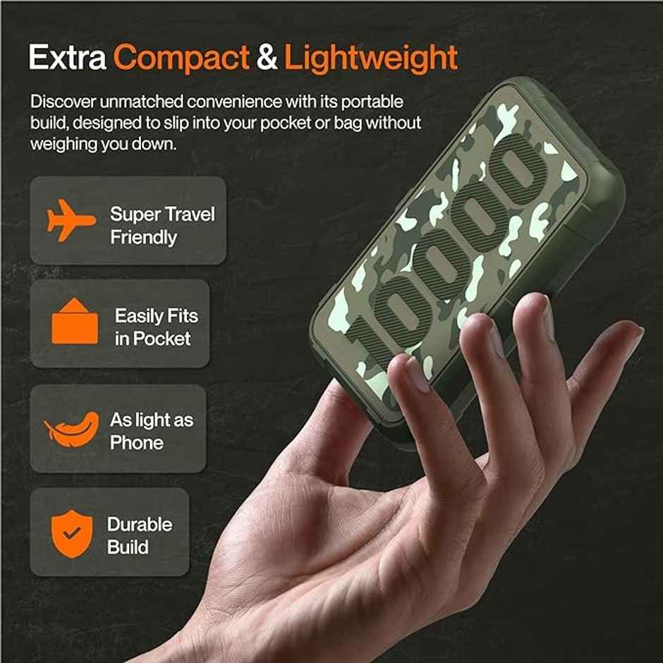 Ambrane 10000mAh Wired Power Bank,Rugged & Slim,22.5W Fast Charging,Compact & Travel-Friendly,USB Type-C Input Output,PD & QC,Compatible with iPhone,Samsung,Oneplus & All Android (Force 10K) - Dark Green