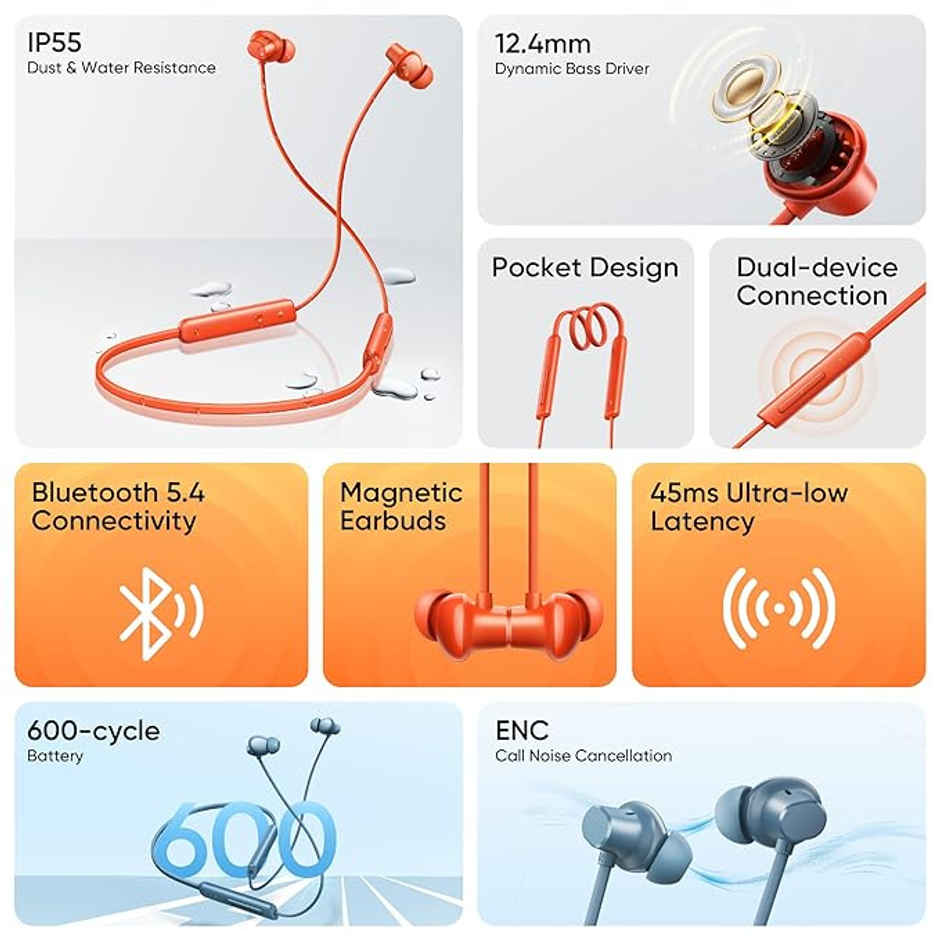 realme Buds Wireless 5 Lite in ear Bluetooth Neckband with 12.4 mm Dynamic Bass Boost | Cyber Orange
