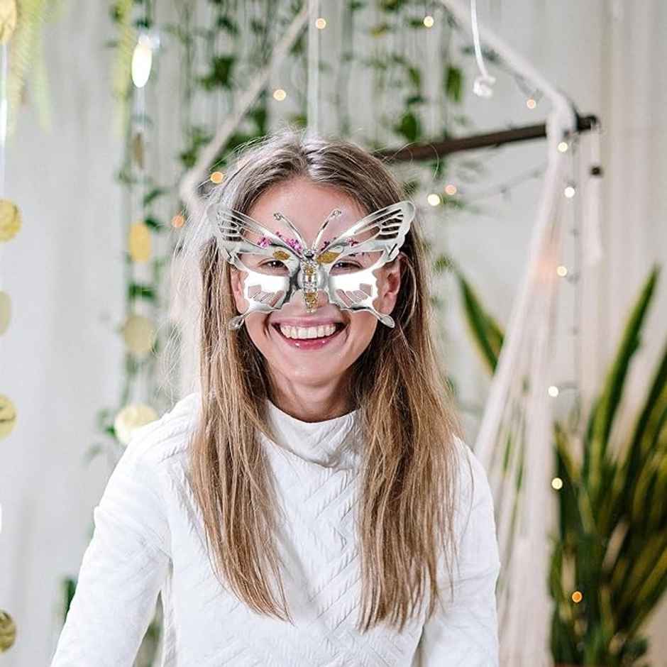 Masquerade Mask, Butterfly Mask with Ribbon Carnival Mask, Half Face | Multicolour | Chrome